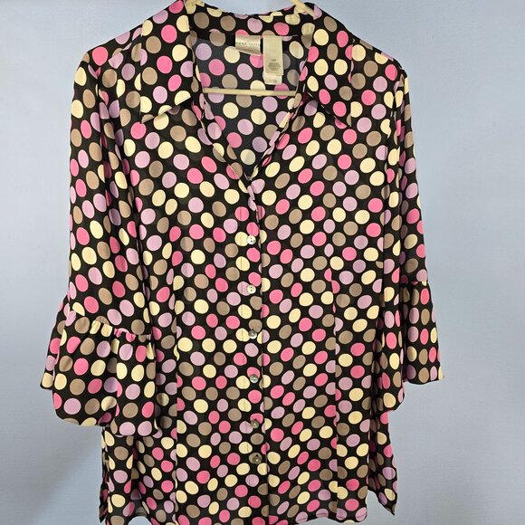 Emma James Women's Polka Dot 3/4 Sleeve Abalone Button Up Top Size 16W (P-11) - Picture 1 of 7